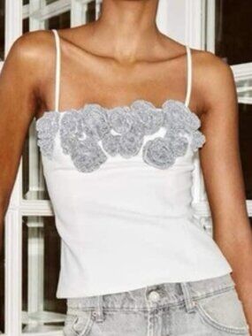 NWOT**Zara White Camisole Silver Jeweled Floral Top ** Sz L